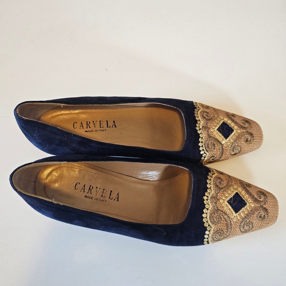 Carvela blue velvet womens loafers gold embroidered‎ toe italy classy old money